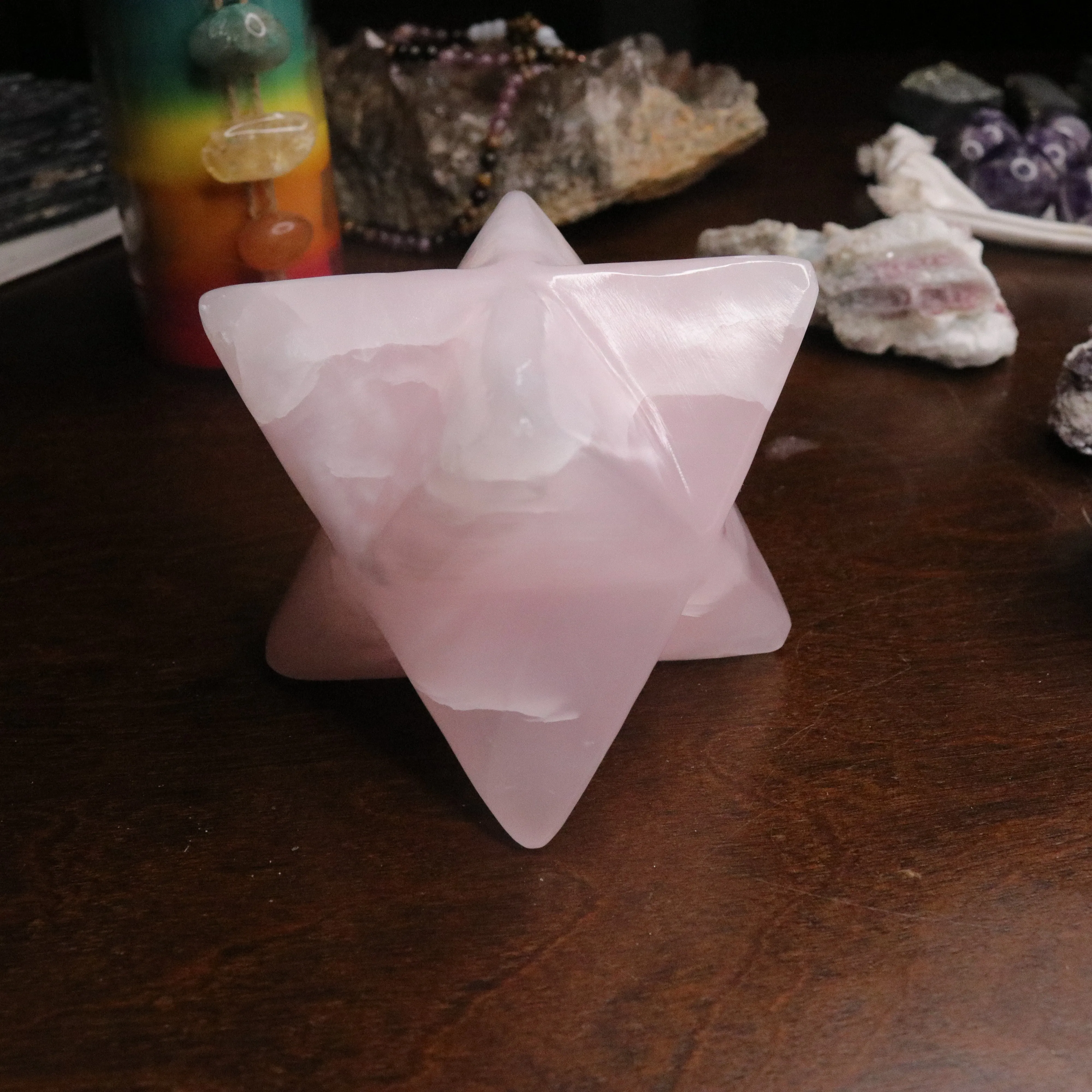 Pink Mangano Calcite Merkaba Carving