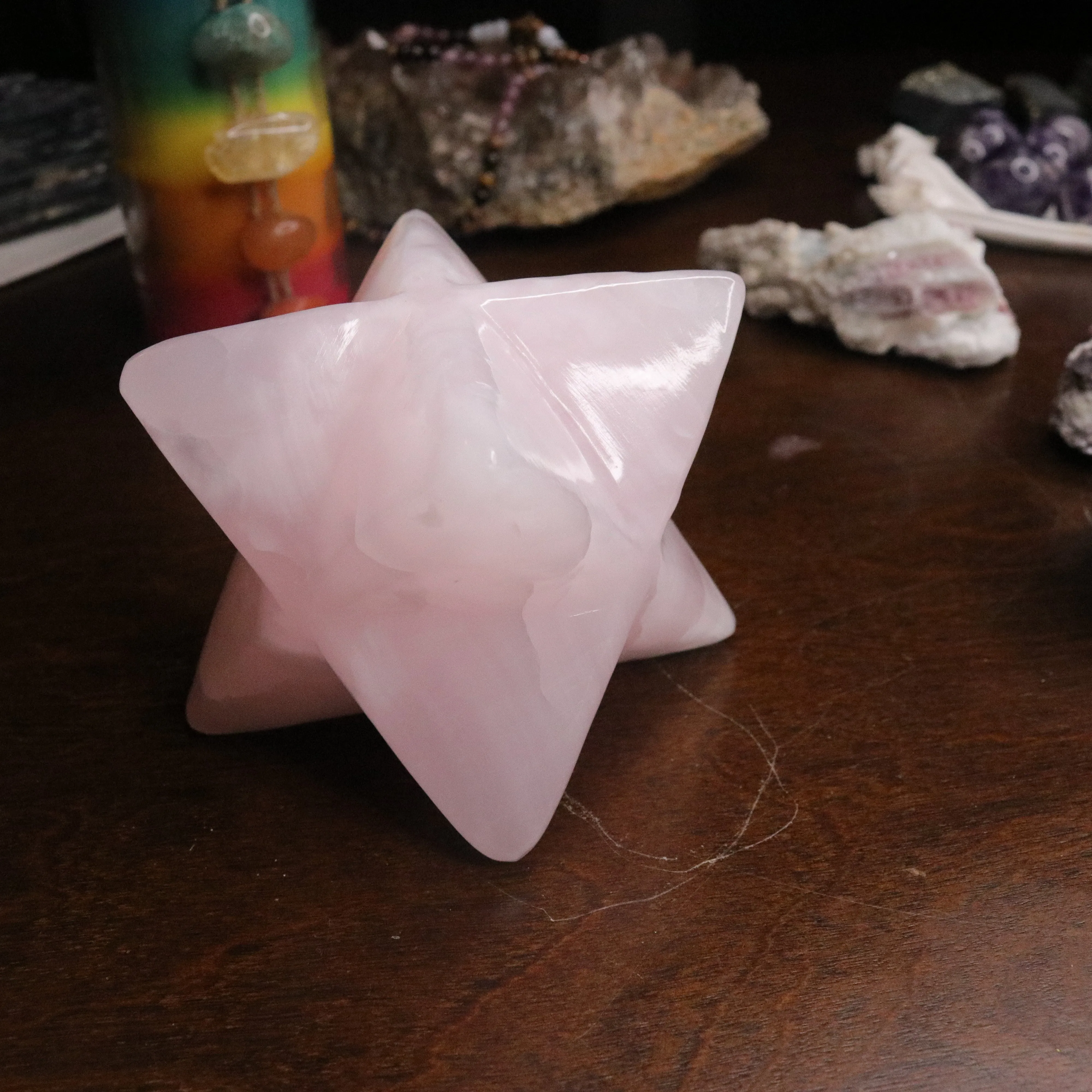 Pink Mangano Calcite Merkaba Carving