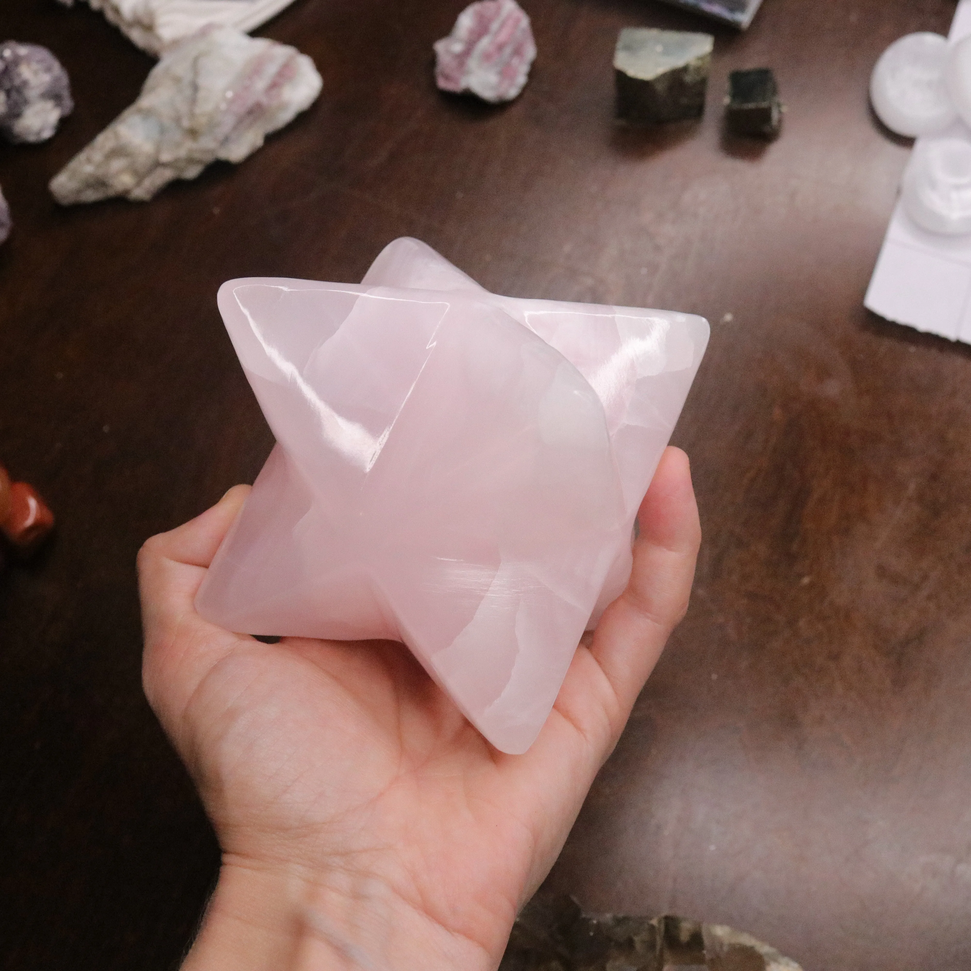 Pink Mangano Calcite Merkaba Carving