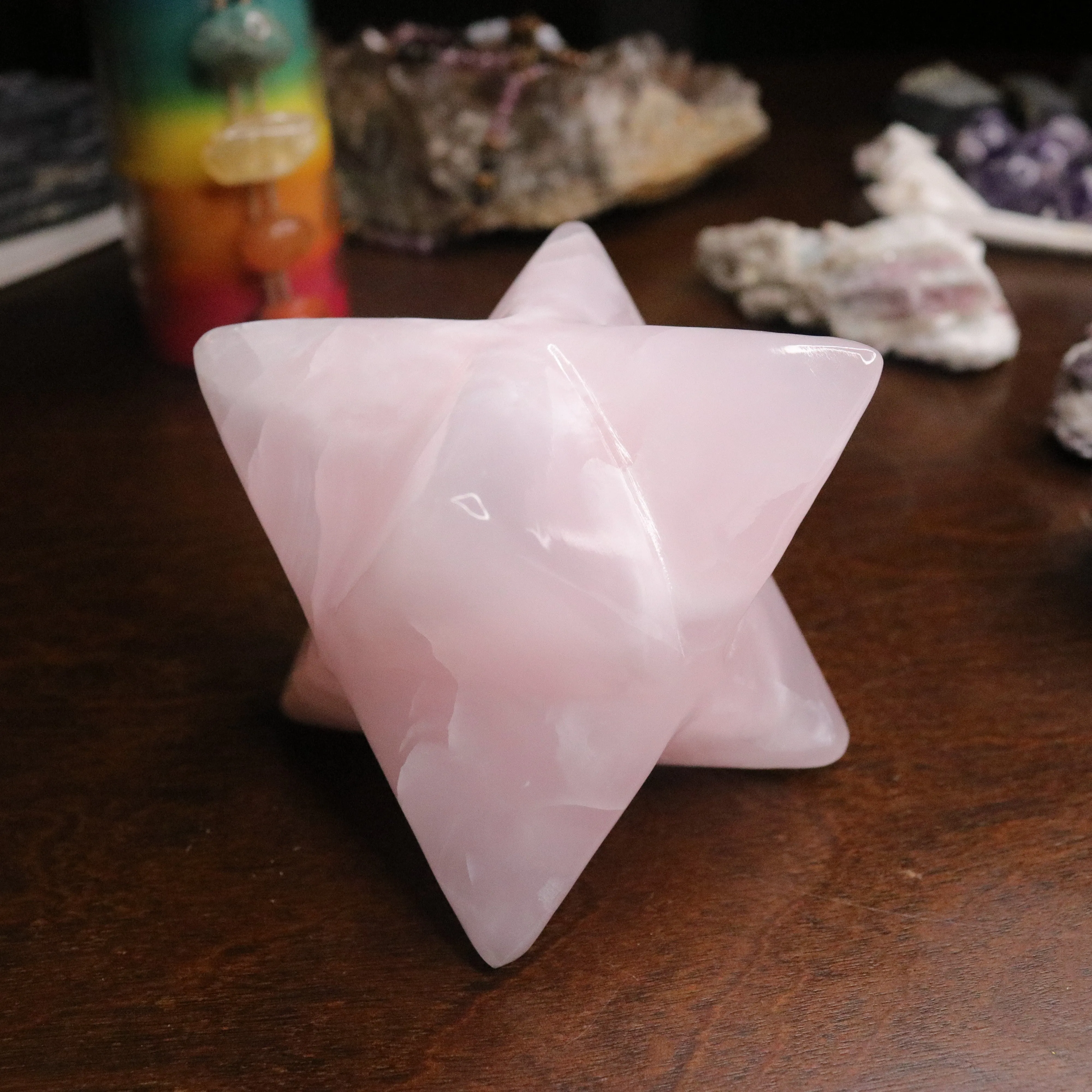 Pink Mangano Calcite Merkaba Carving