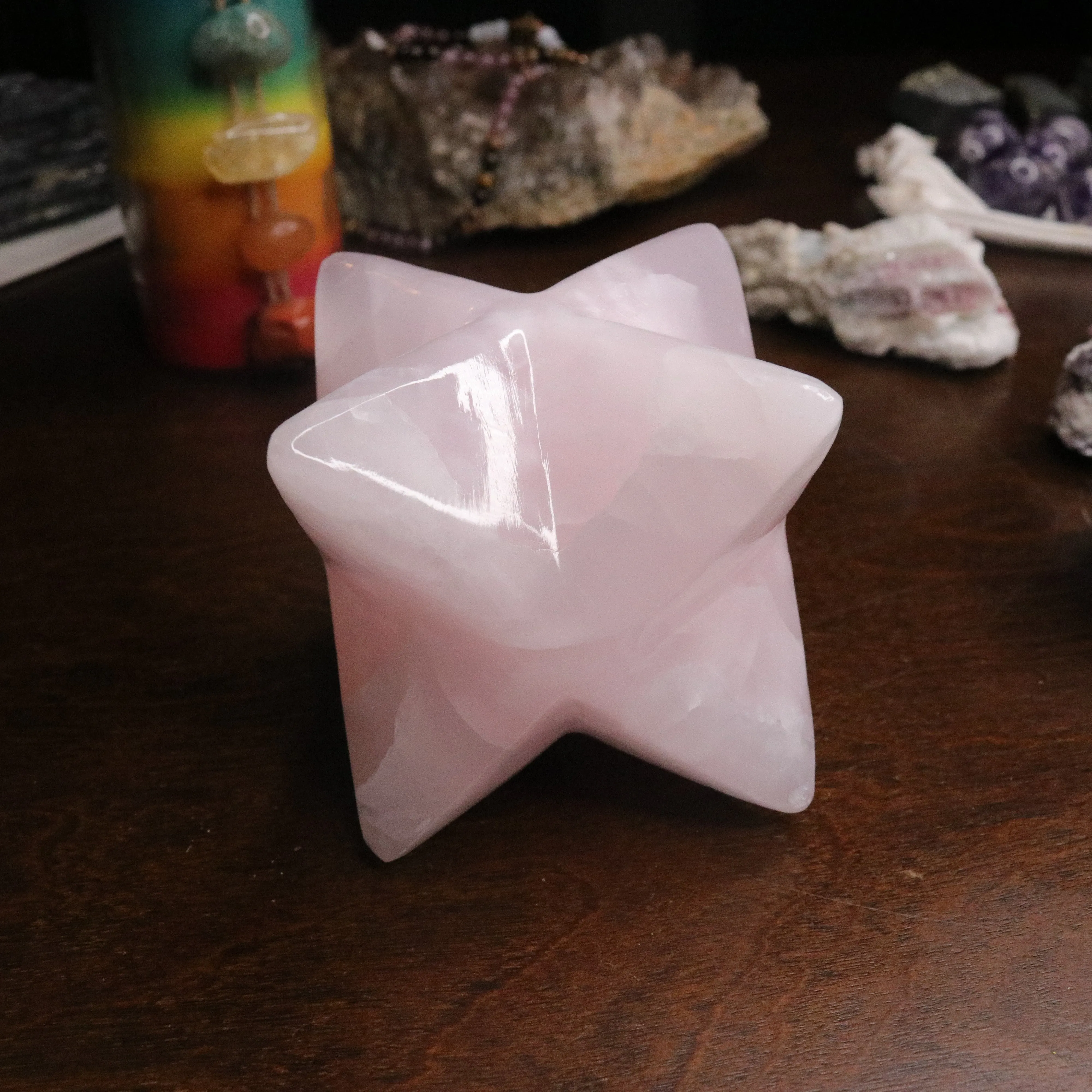 Pink Mangano Calcite Merkaba Carving