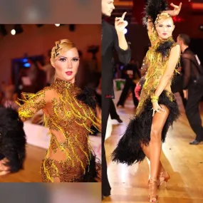 Luxurious Latin Dress in Gold & Black with Feathers