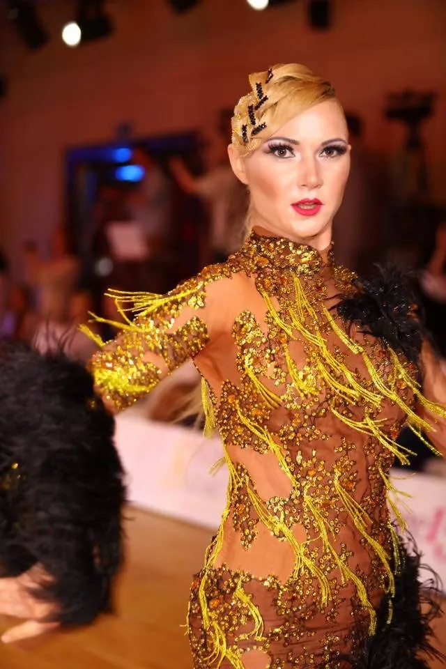 Luxurious Latin Dress in Gold & Black with Feathers