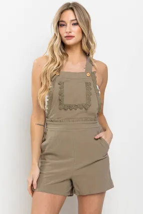 Linen Overall Romper with Race Detail and Adjustable Straps