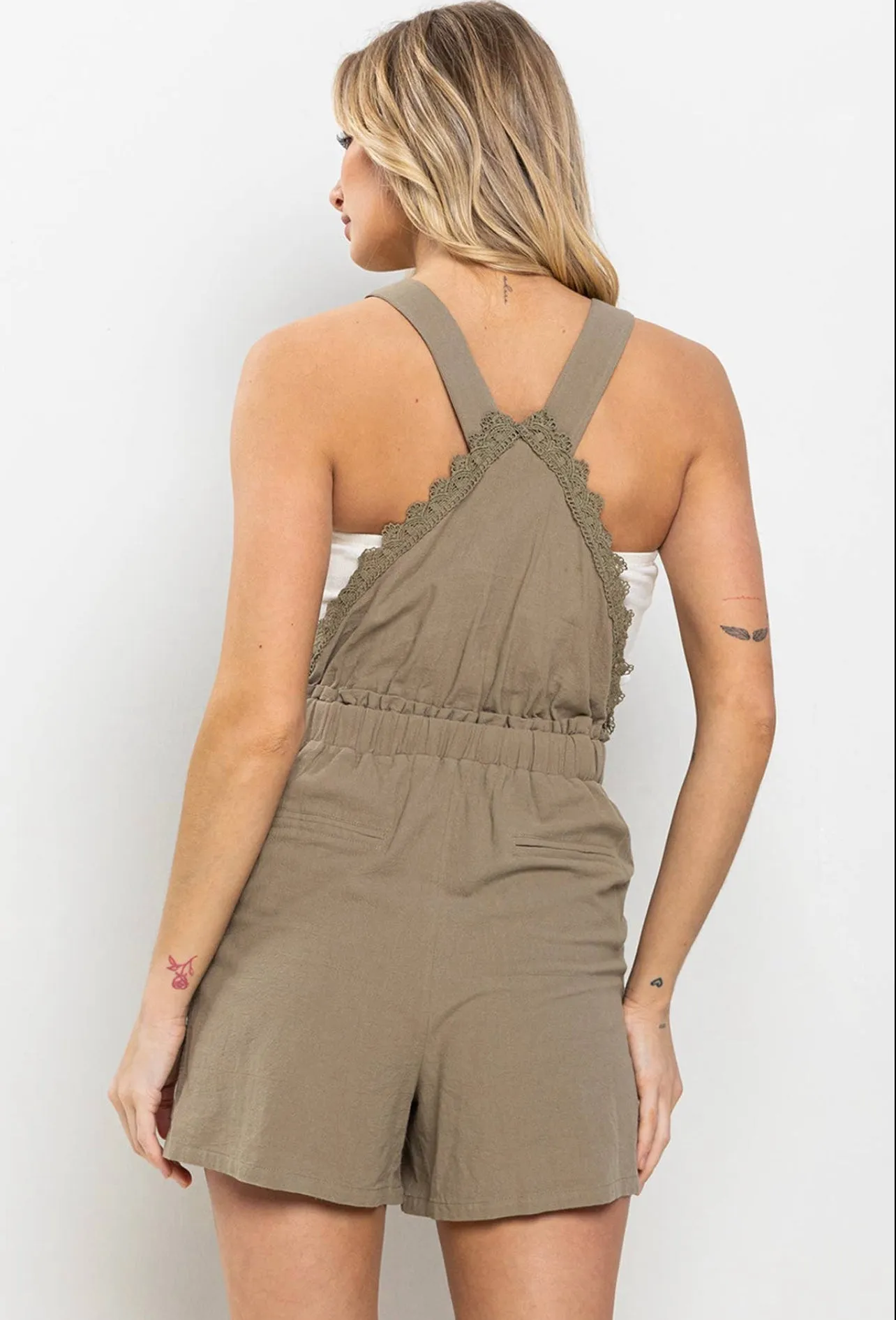 Linen Overall Romper with Race Detail and Adjustable Straps