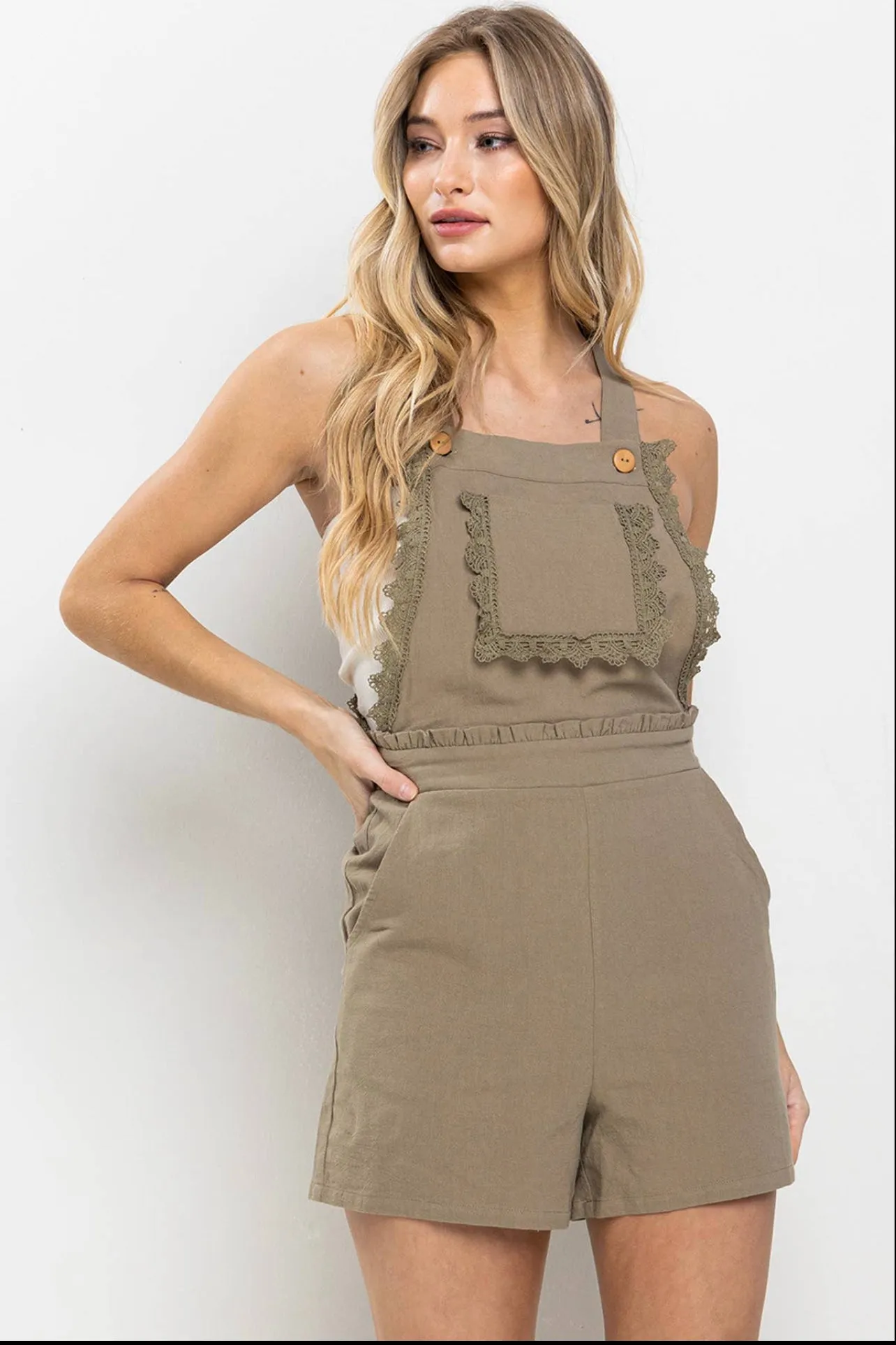 Linen Overall Romper with Race Detail and Adjustable Straps