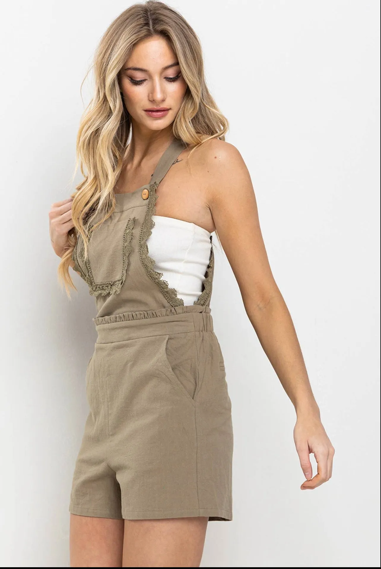 Linen Overall Romper with Race Detail and Adjustable Straps