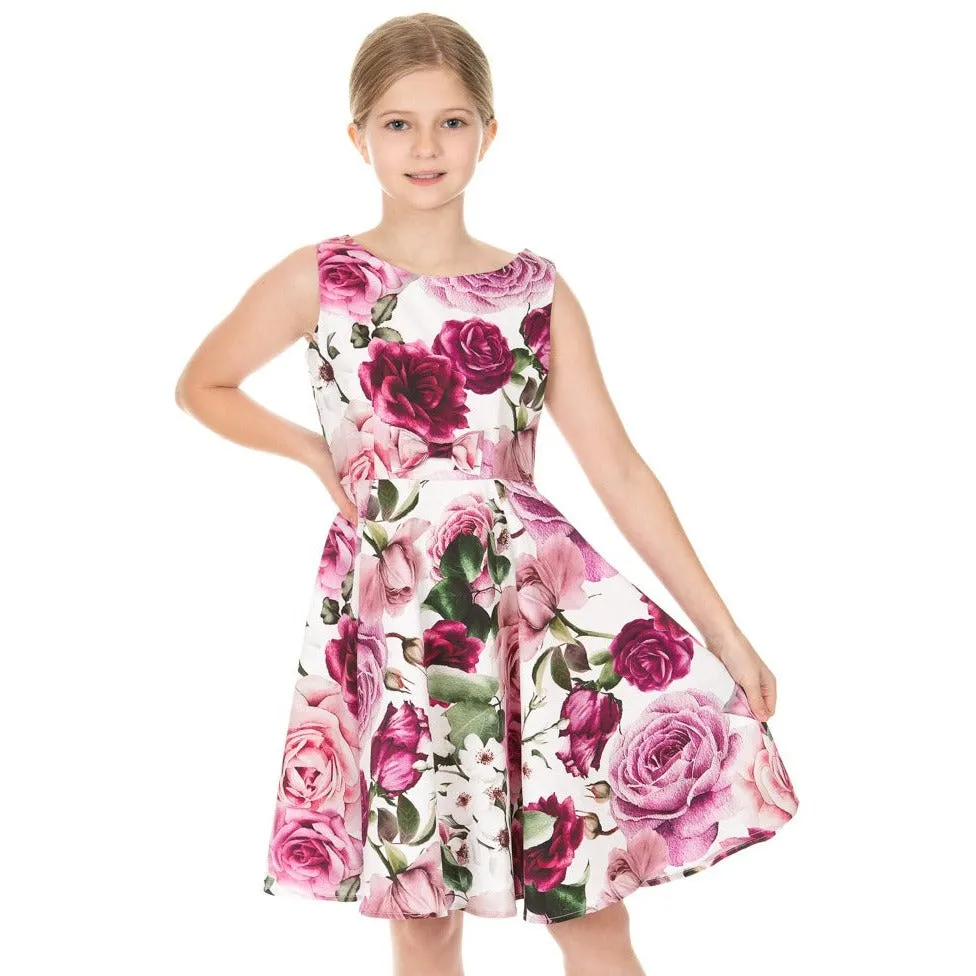 Girl's Cream White Floral Print Party Dress