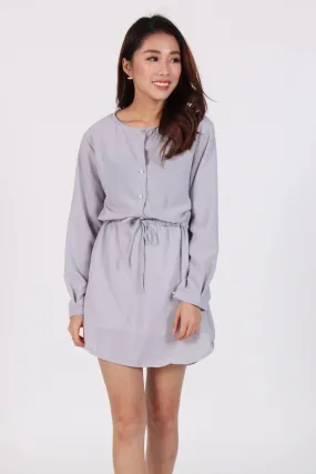 Long Sleeve Chiffon Waist Tie Dress Light Grey