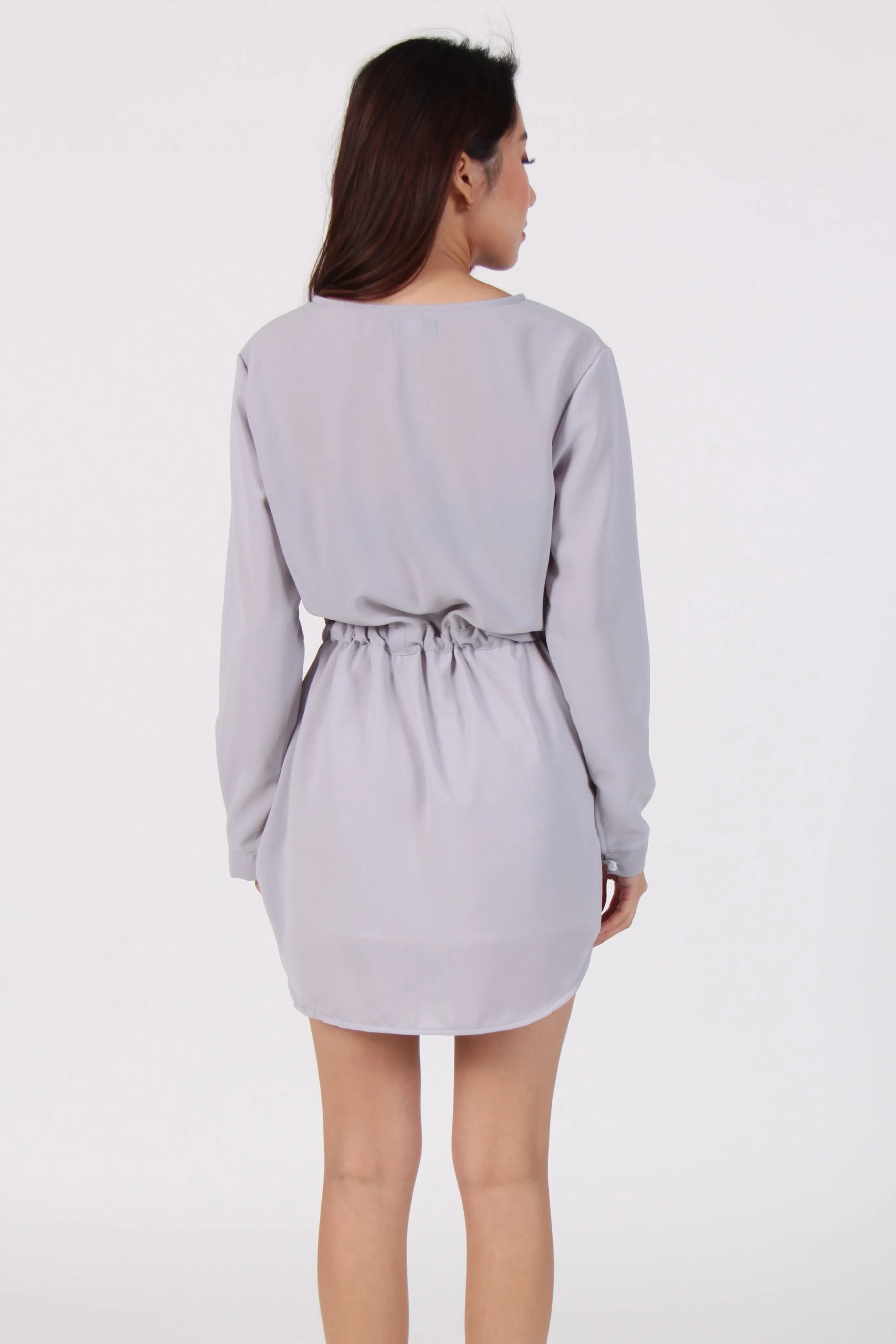 Long Sleeve Chiffon Waist Tie Dress Light Grey