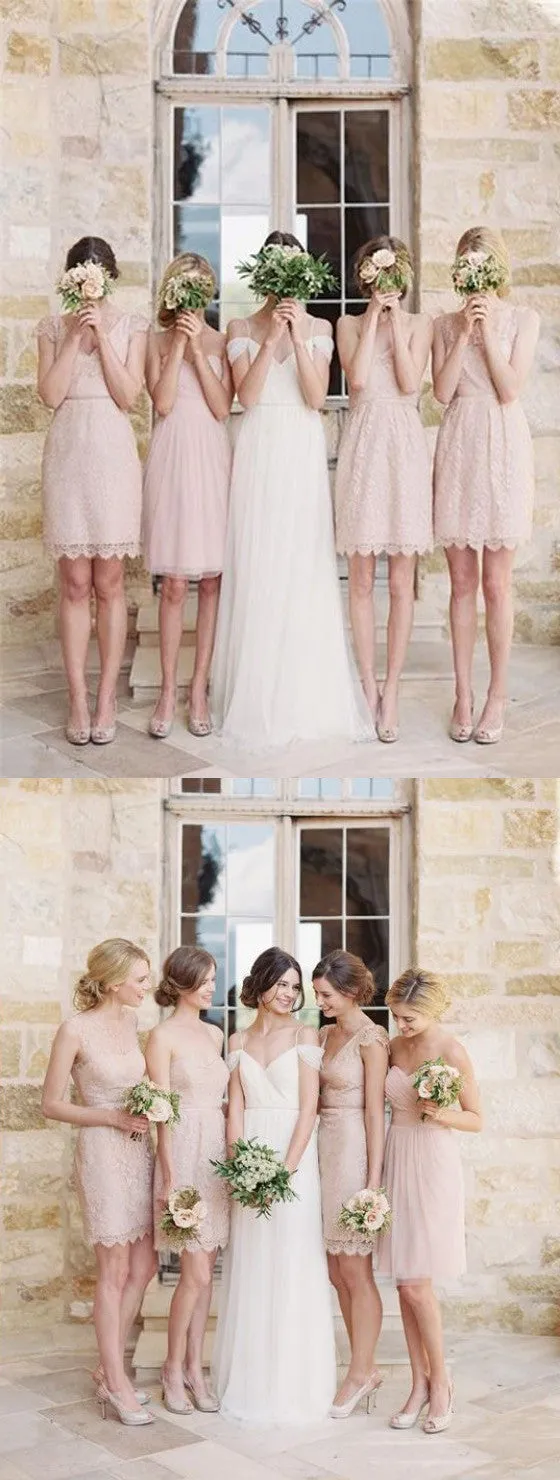 Lovely Pretty Mismatched Sleeveless Junior Lace Chiffon Blush Pink Mini Column Bridesmaid Dress