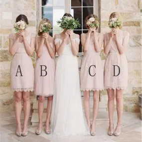 Lovely Pretty Mismatched Sleeveless Junior Lace Chiffon Blush Pink Mini Column Bridesmaid Dress