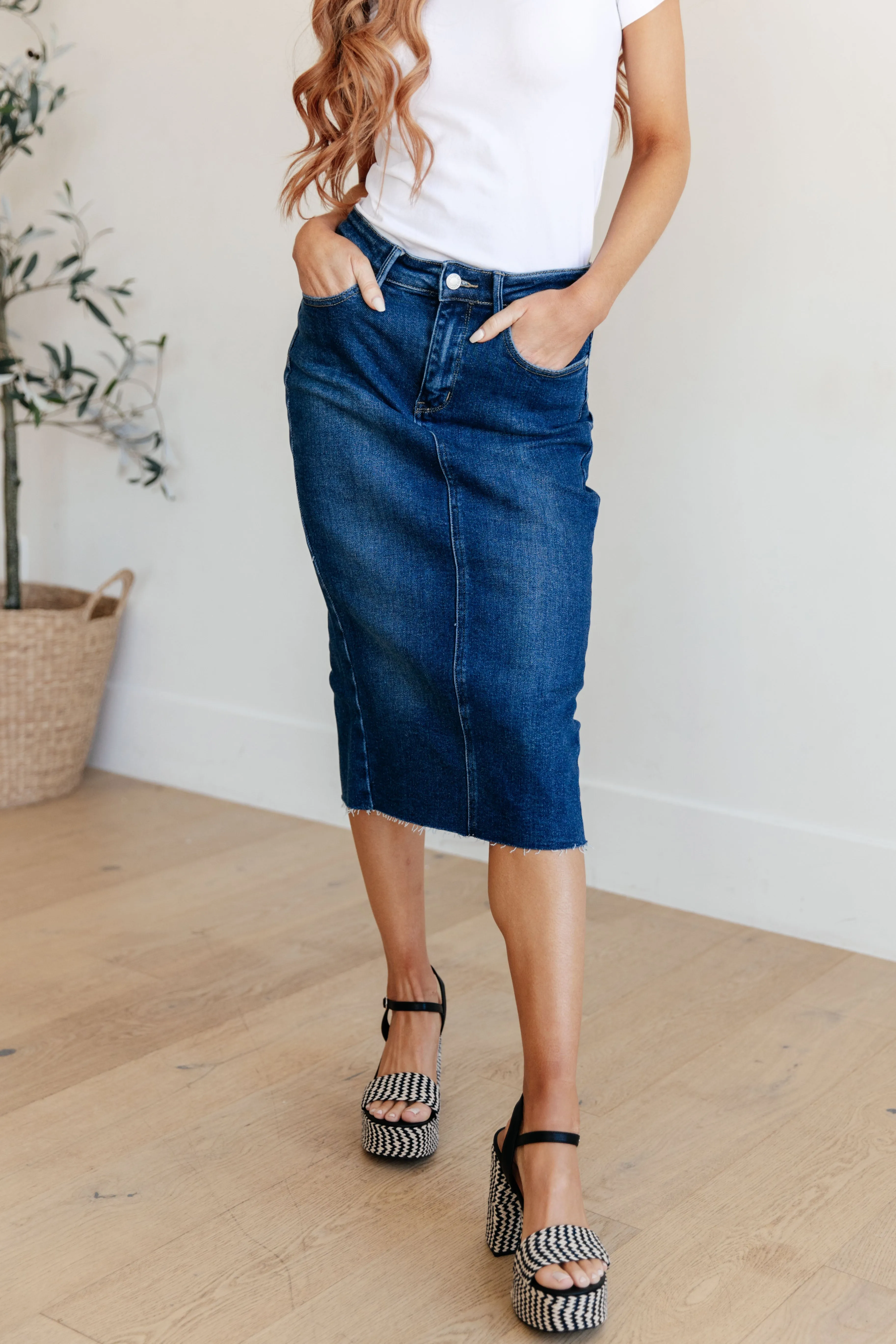 High Rise Denim Midi Skirt