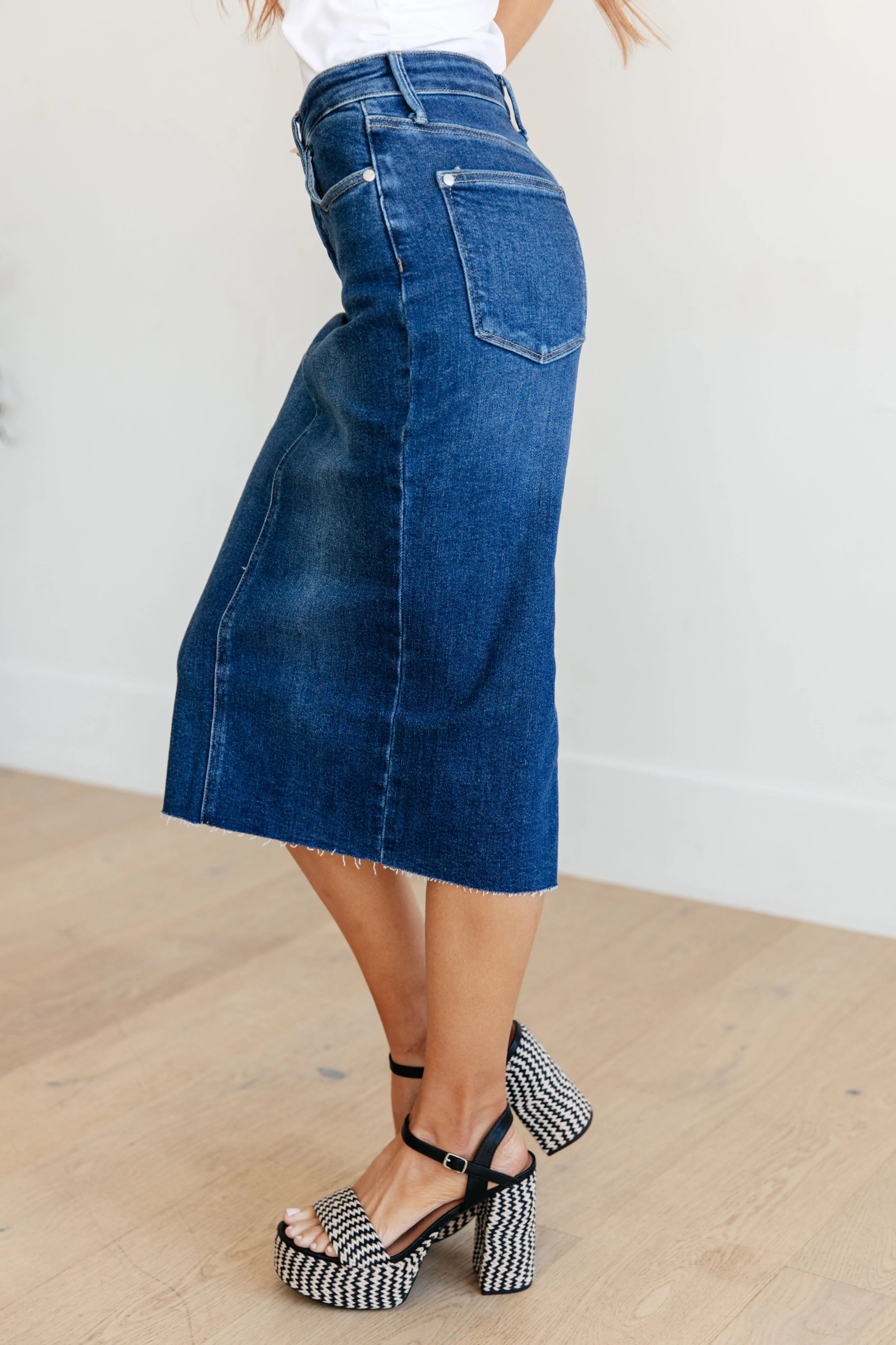 High Rise Denim Midi Skirt