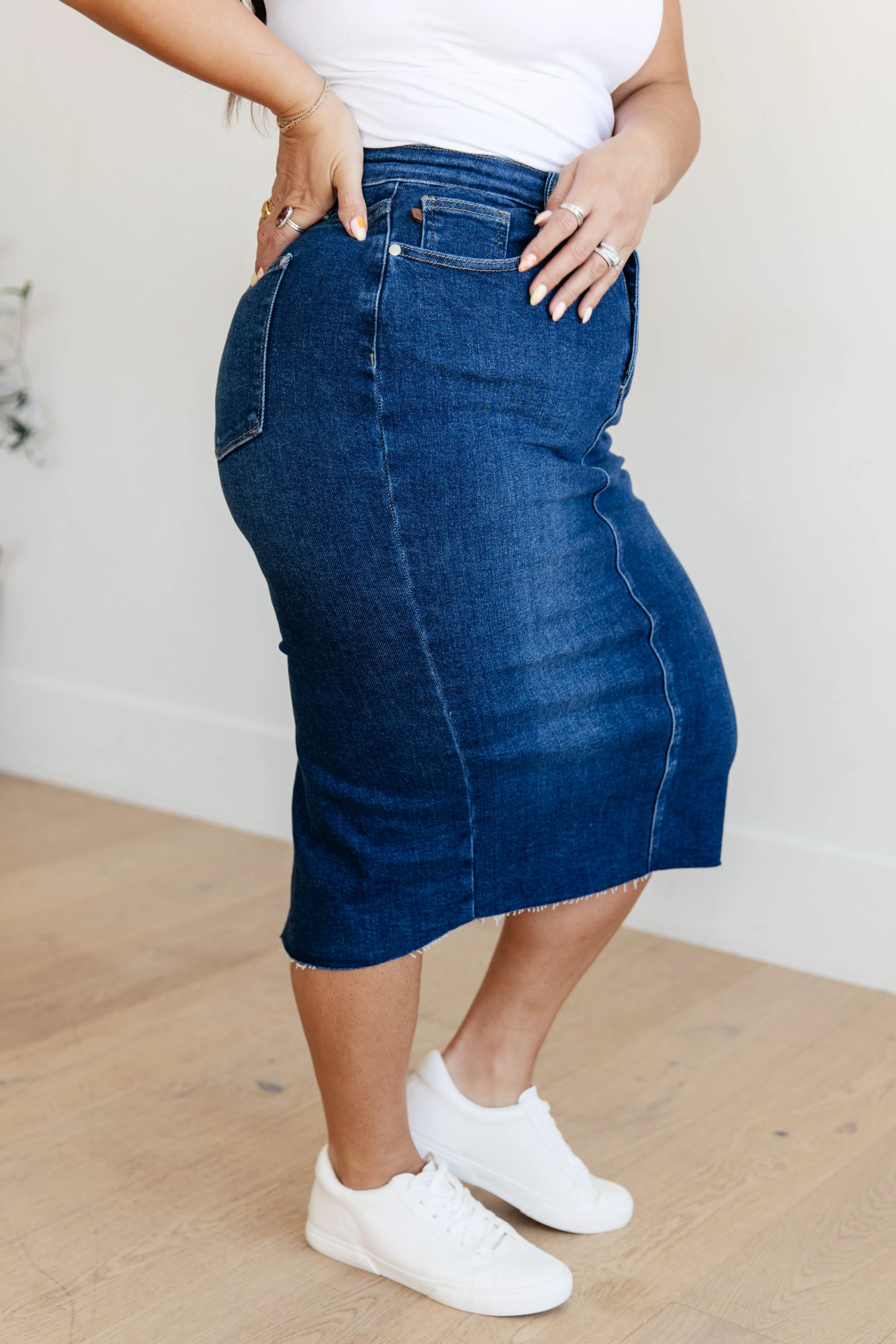 High Rise Denim Midi Skirt