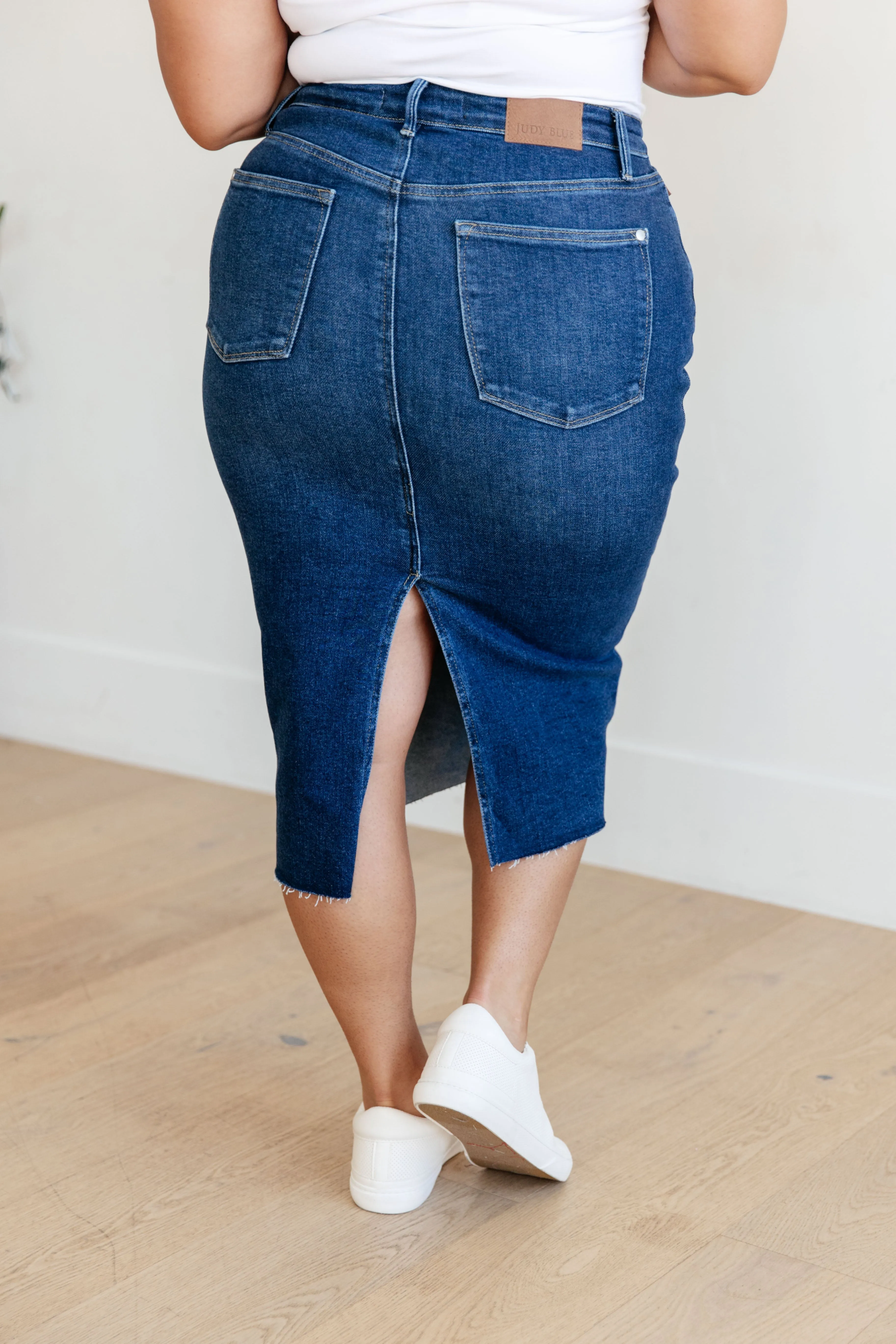 High Rise Denim Midi Skirt