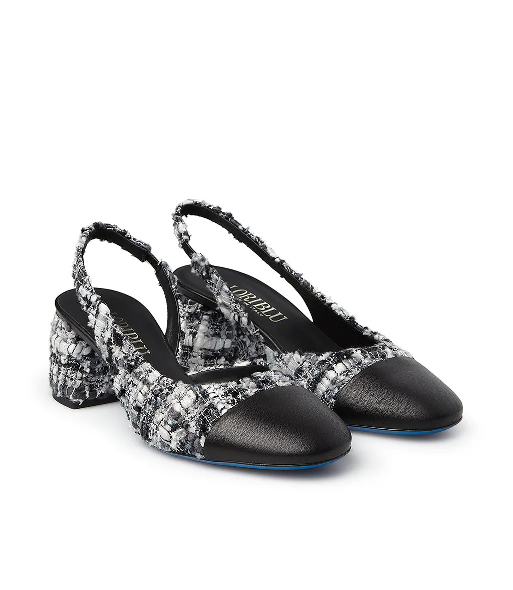 Monochrome Tweed and Nappa Leather Slingback Pumps