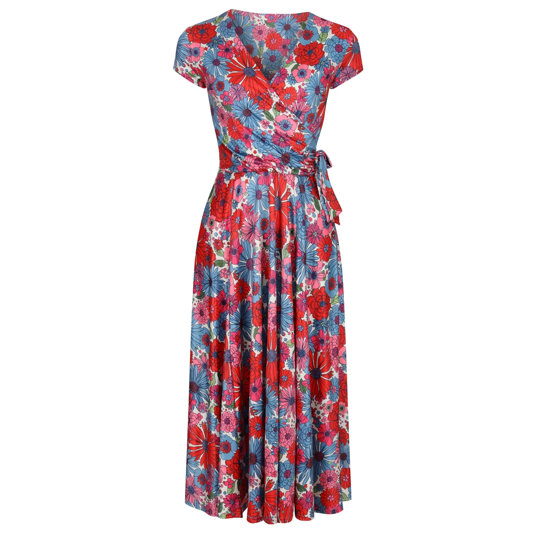 Multi Red Blue Floral Print Cap Sleeve Swing Dress Crossover Top