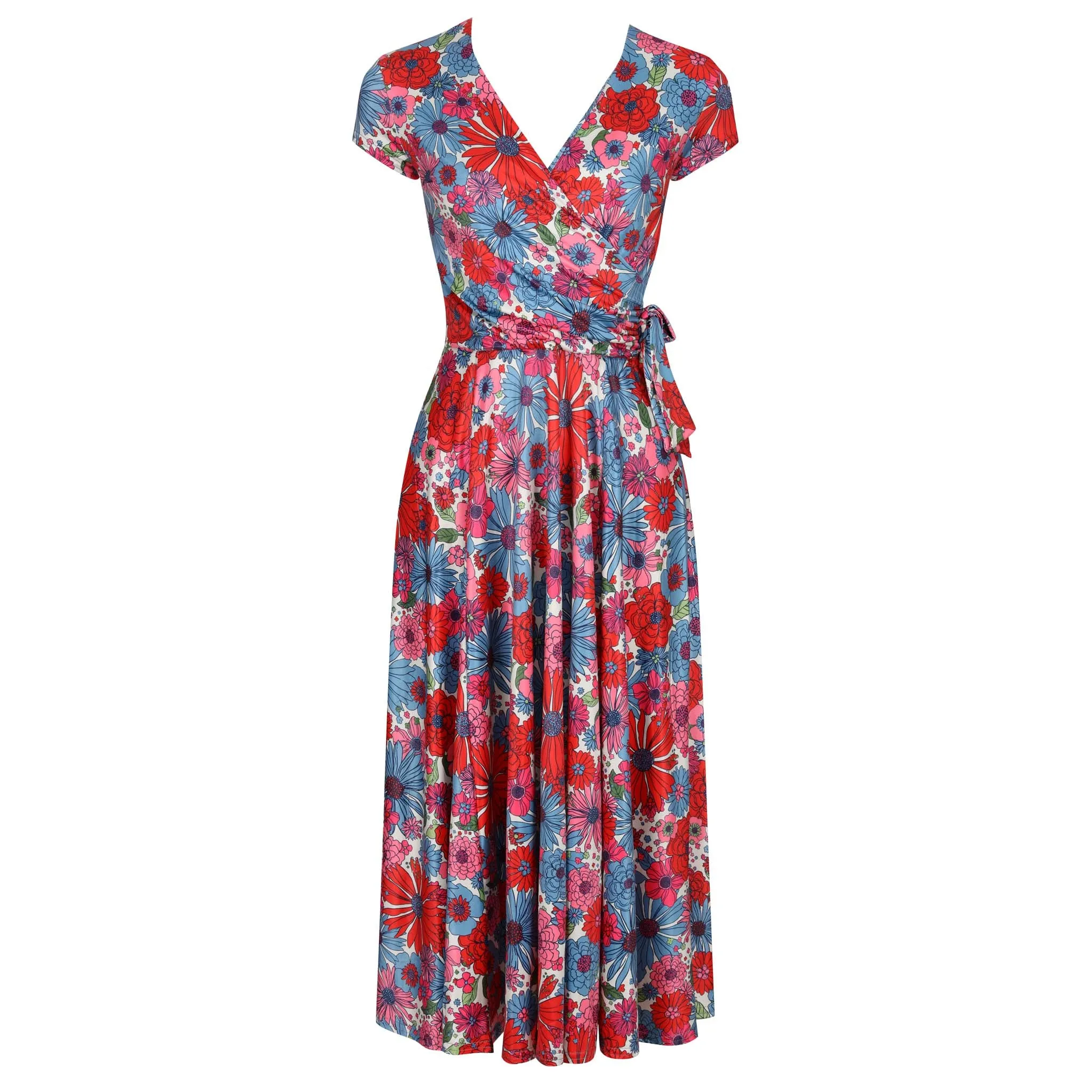 Multi Red Blue Floral Print Cap Sleeve Swing Dress Crossover Top