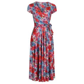 Multi Red Blue Floral Print Cap Sleeve Swing Dress Crossover Top