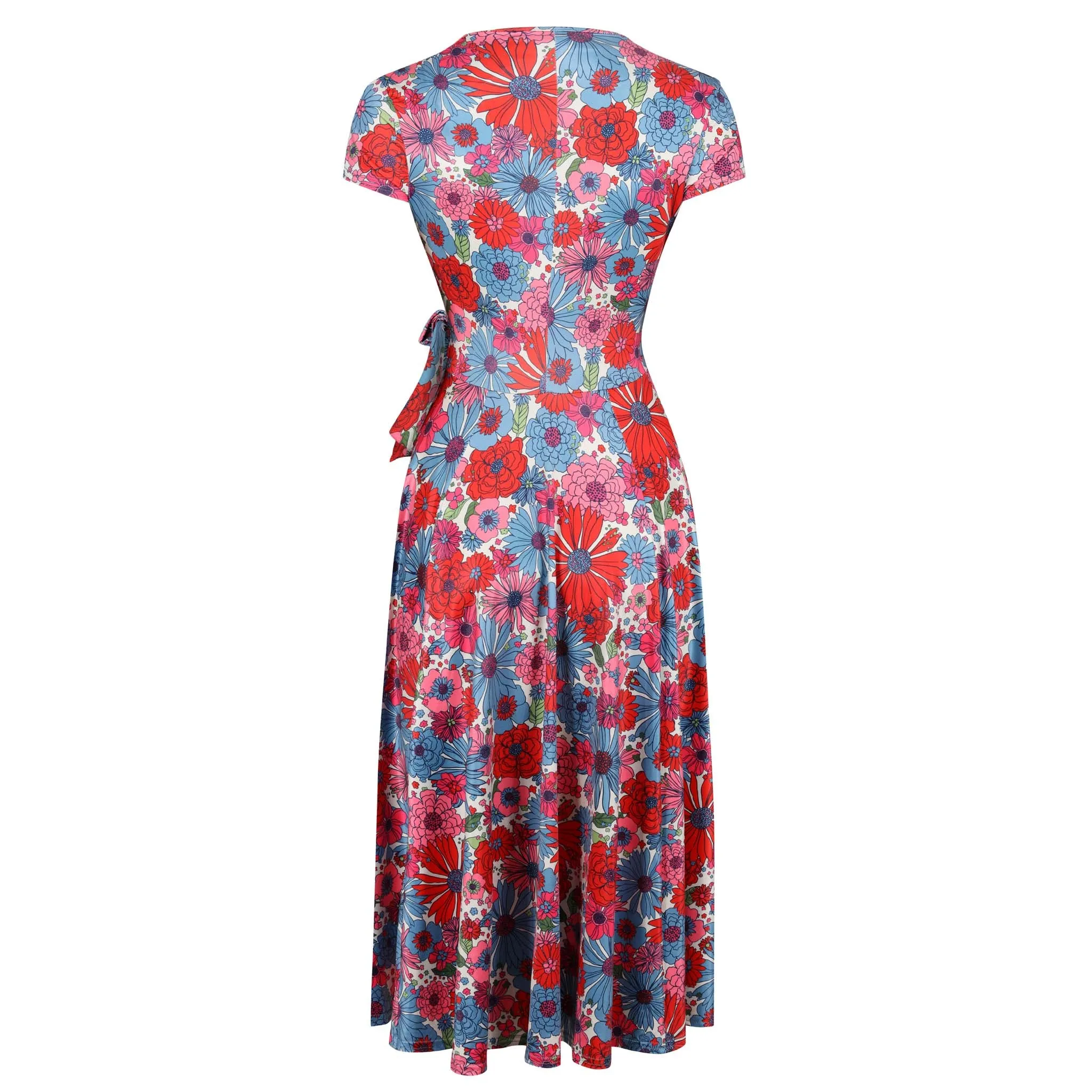 Multi Red Blue Floral Print Cap Sleeve Swing Dress Crossover Top