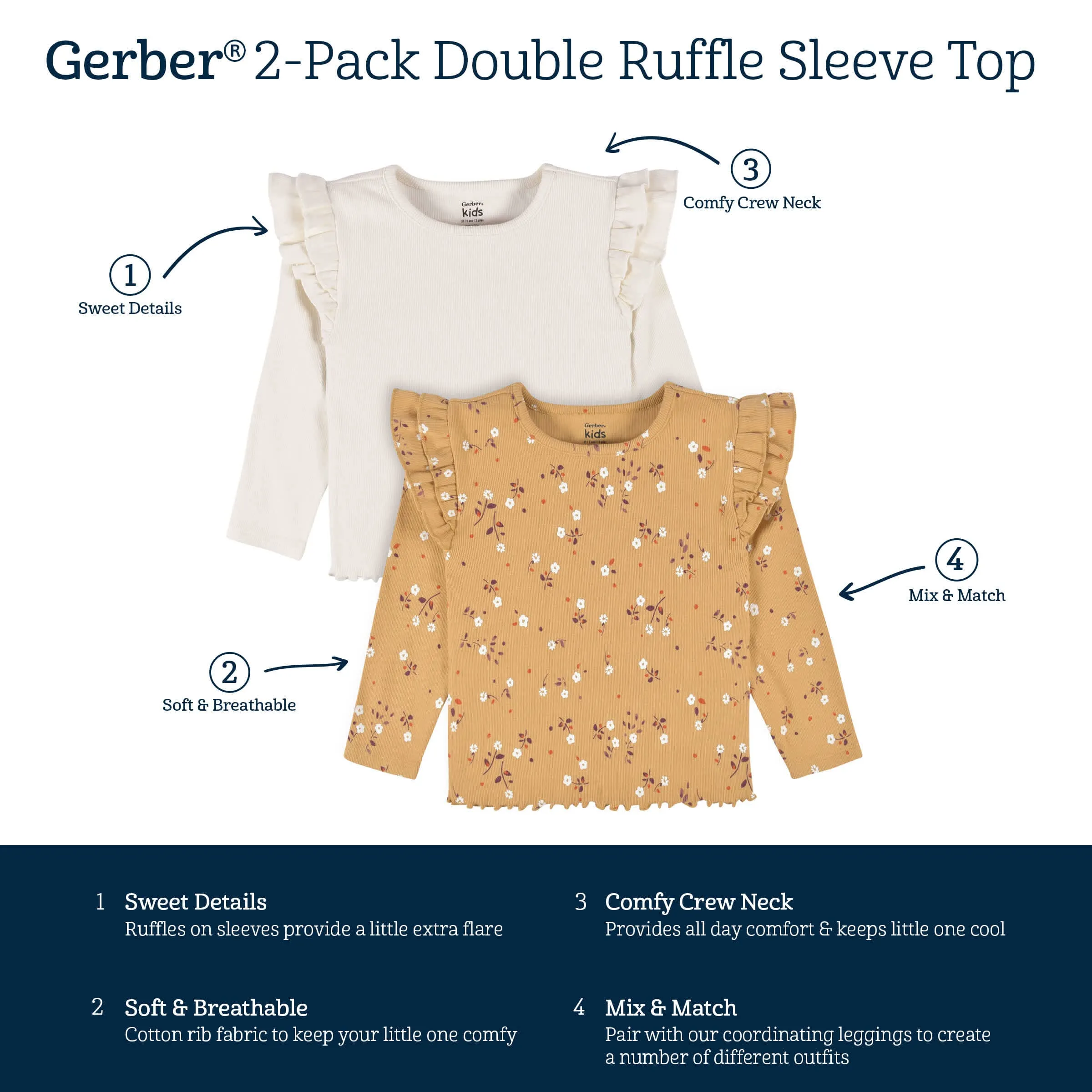 Mustard Floral Ruffle Tops for Infant & Toddler Girls