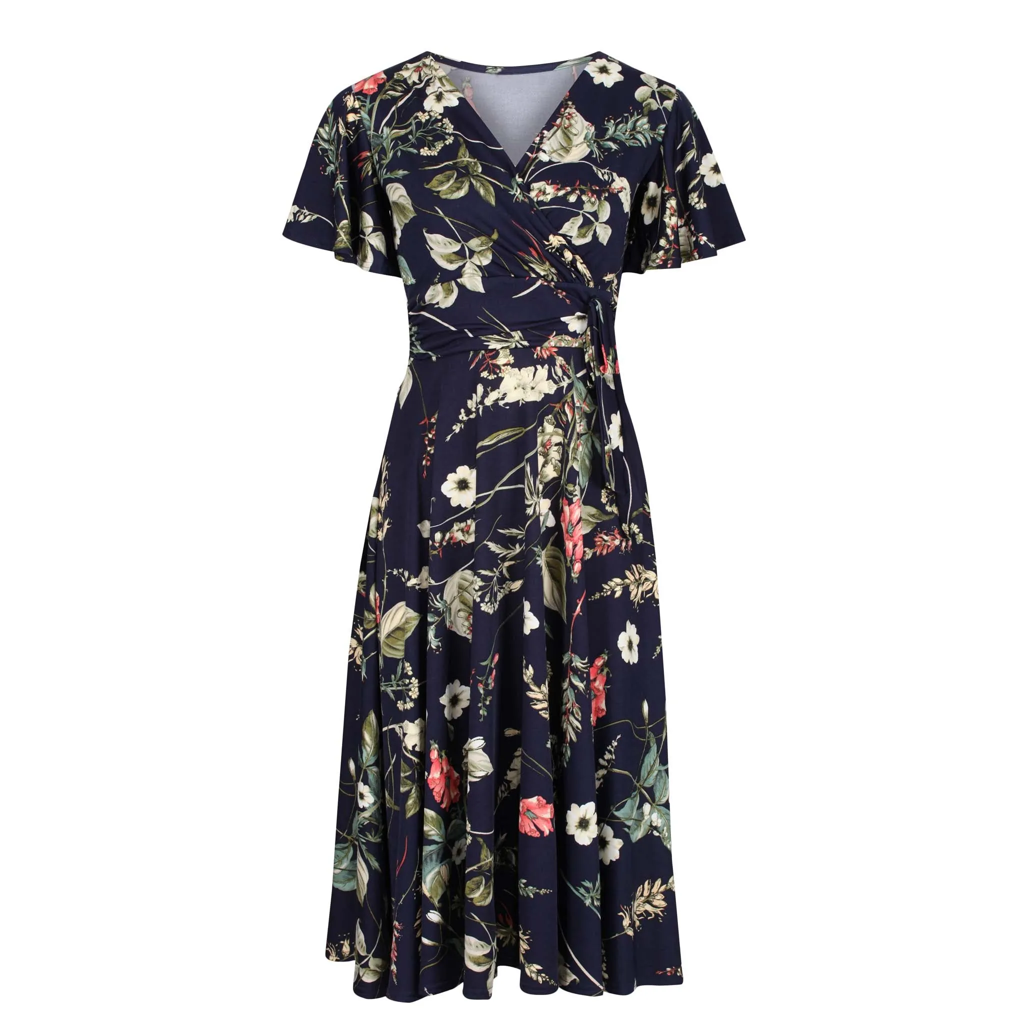 Navy Blue Floral Print Cap Sleeve V-Neck Dress