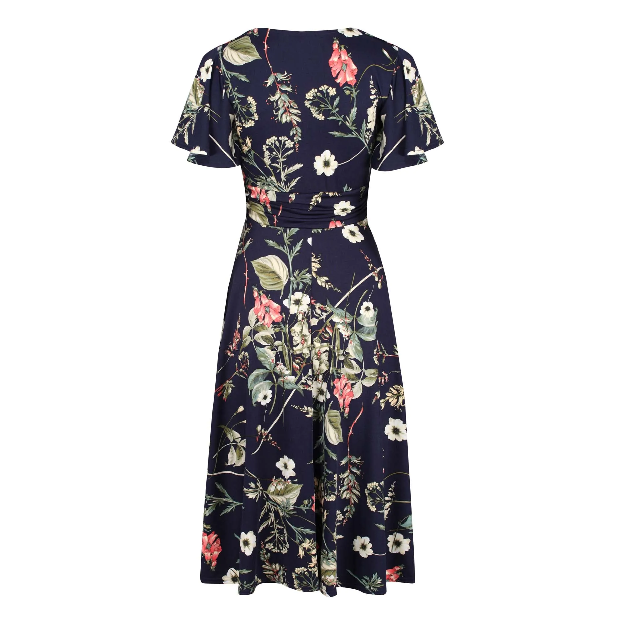 Navy Blue Floral Print Cap Sleeve V-Neck Dress