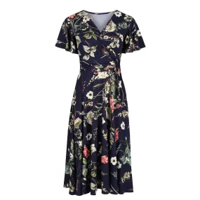 Navy Blue Floral Print Cap Sleeve V-Neck Dress