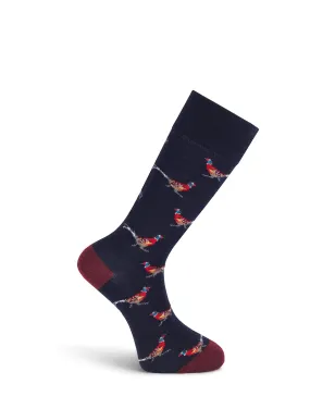 Navy Wool Socks with Pheasant Design