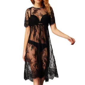 New Women Lace Dresses Casual Long Black Short Sleeve O Neck See Through Beach Wear B4 SM6