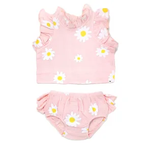 oh baby! White Daisy Print Cotton Slub Top & Bottom Set - Pale Pink Heather