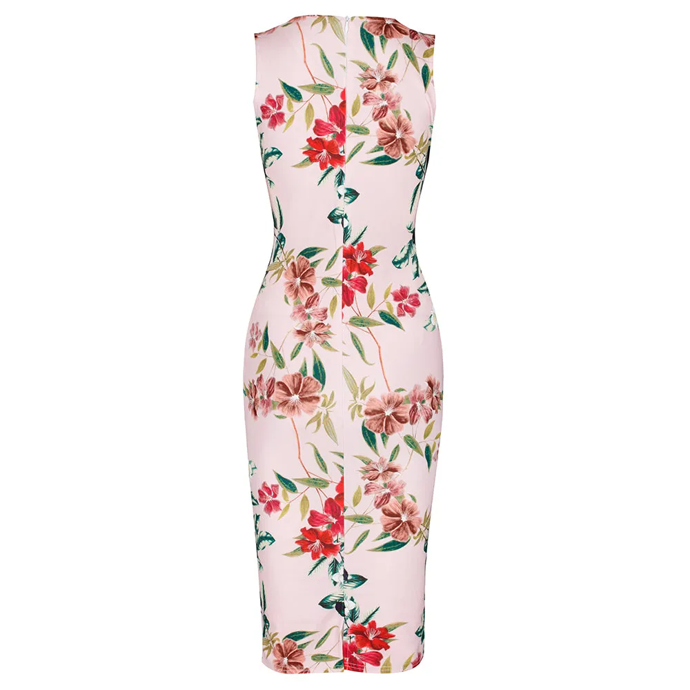 Pink Floral Print 1940s Wiggle Dress