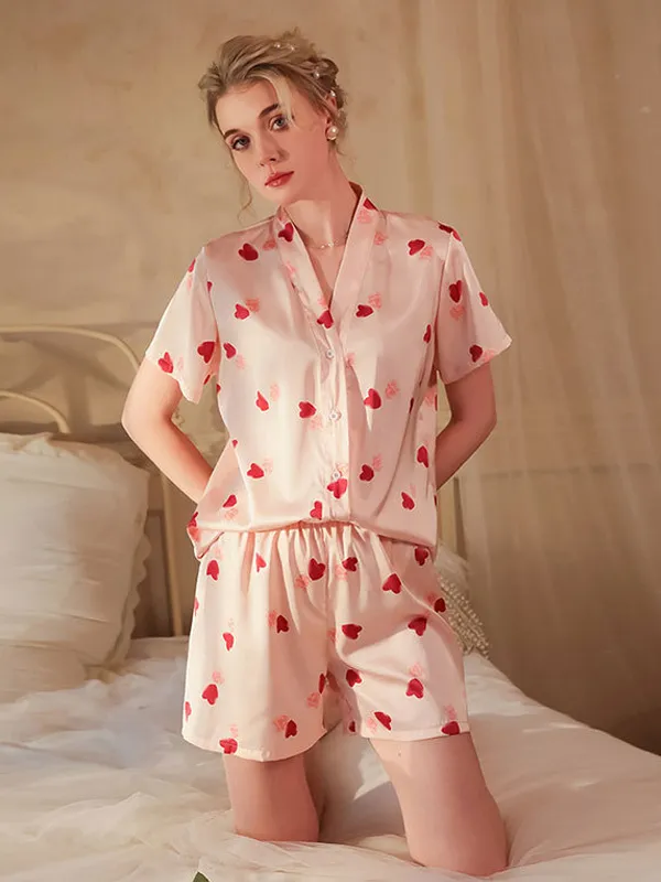 Pink Indoor Silk-like Lingerie Pajama Sets