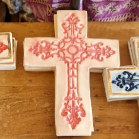 Pink wash ceramic wall cross from Avignon