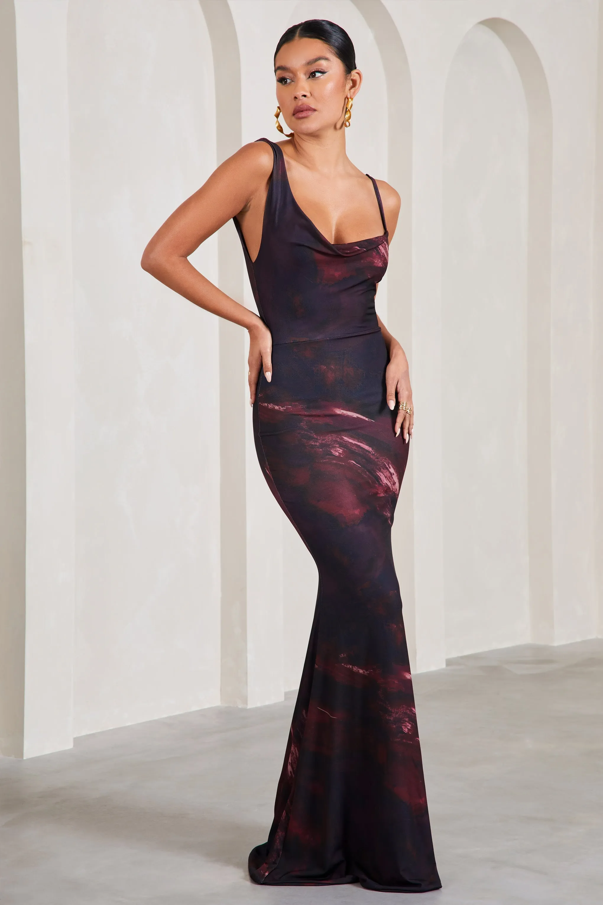 Plum Printed Maxi Dress with Asymmetric Neckline and Cowl