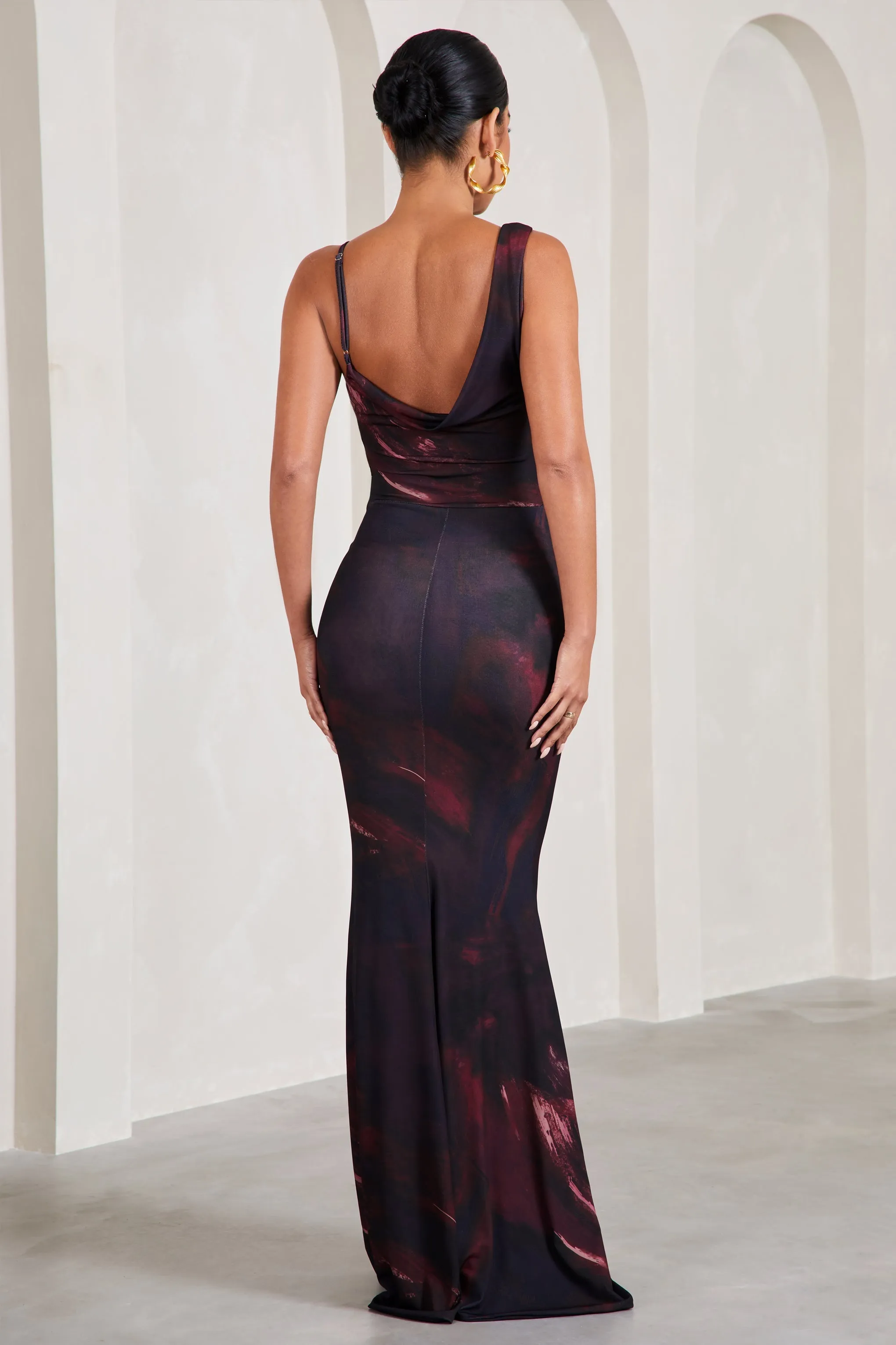 Plum Printed Maxi Dress with Asymmetric Neckline and Cowl