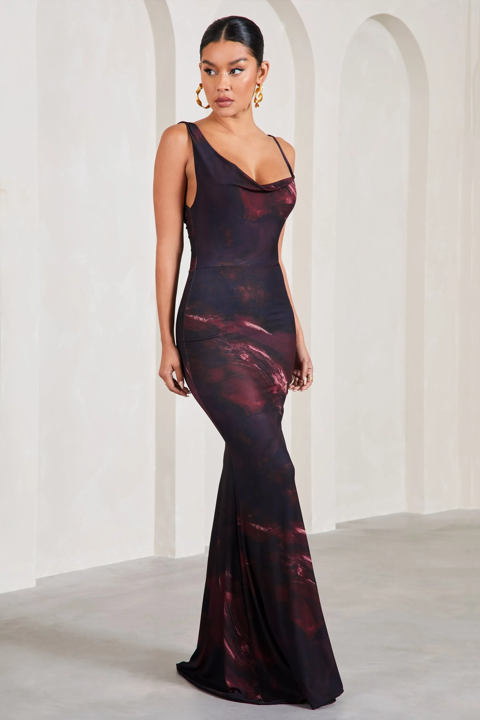 Plum Printed Maxi Dress with Asymmetric Neckline and Cowl