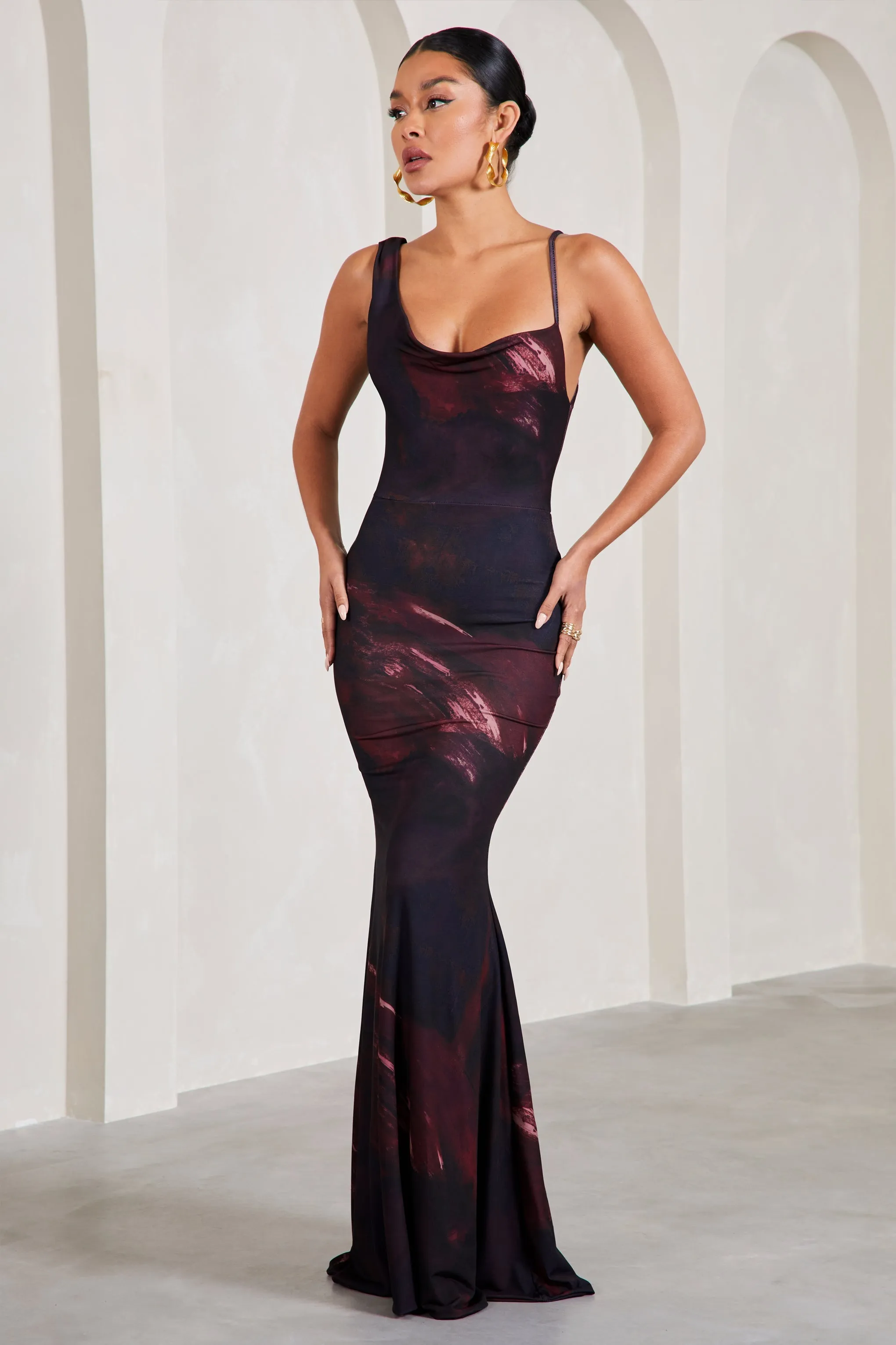 Plum Printed Maxi Dress with Asymmetric Neckline and Cowl