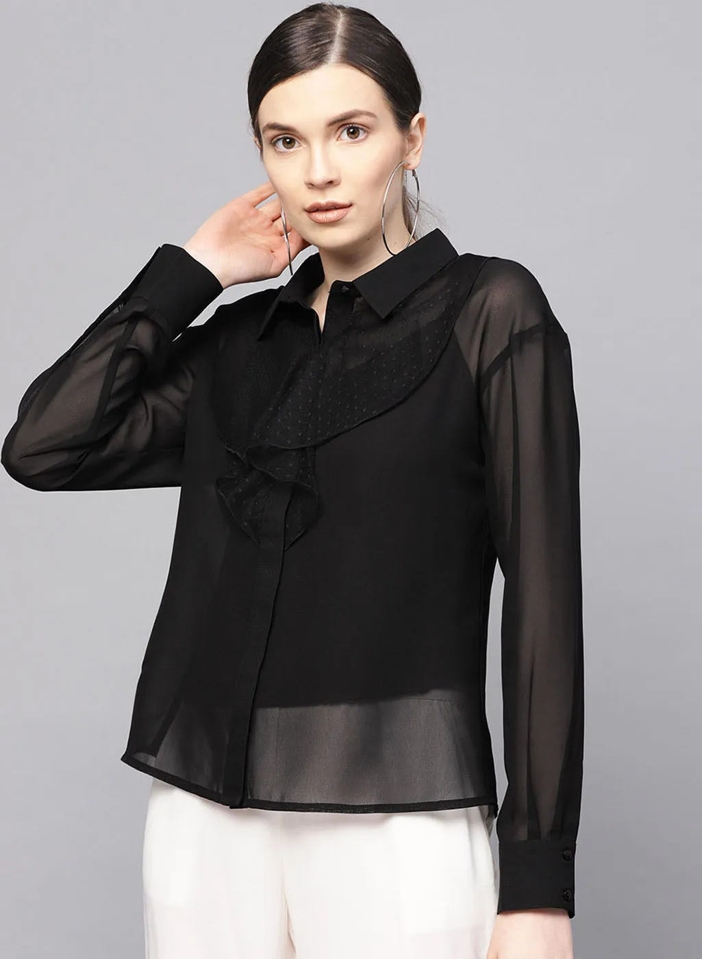 Ruffle Shirt with Mesh Overlay