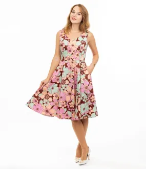 Burgundy & Pastel Flowers Swing Dress