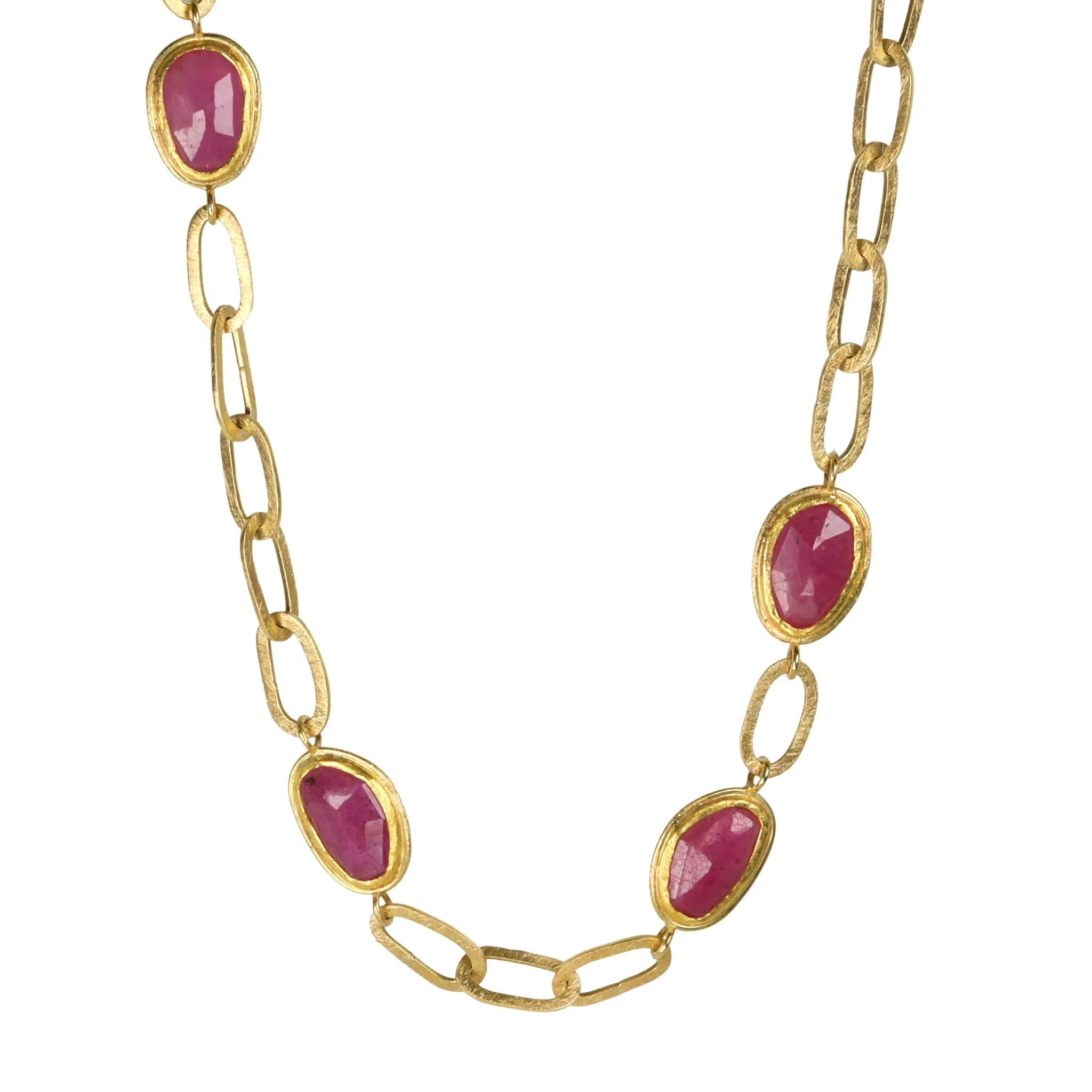 22K Gold Necklace with Bezel-Set Rosecut Pink Sapphire Stations