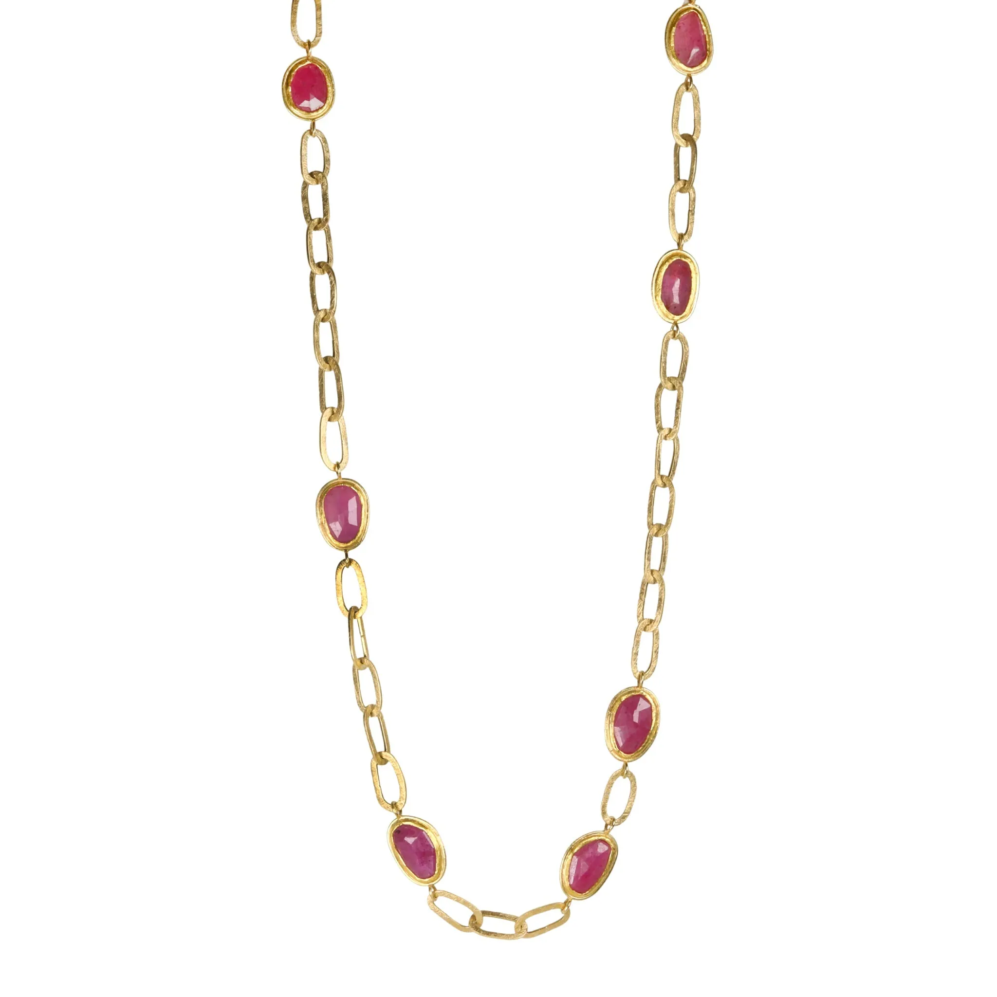 22K Gold Necklace with Bezel-Set Rosecut Pink Sapphire Stations