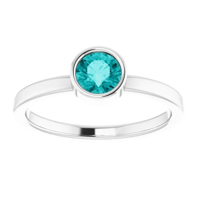 Round Teal Skinny Stacking Solitaire Ring with Moissanite