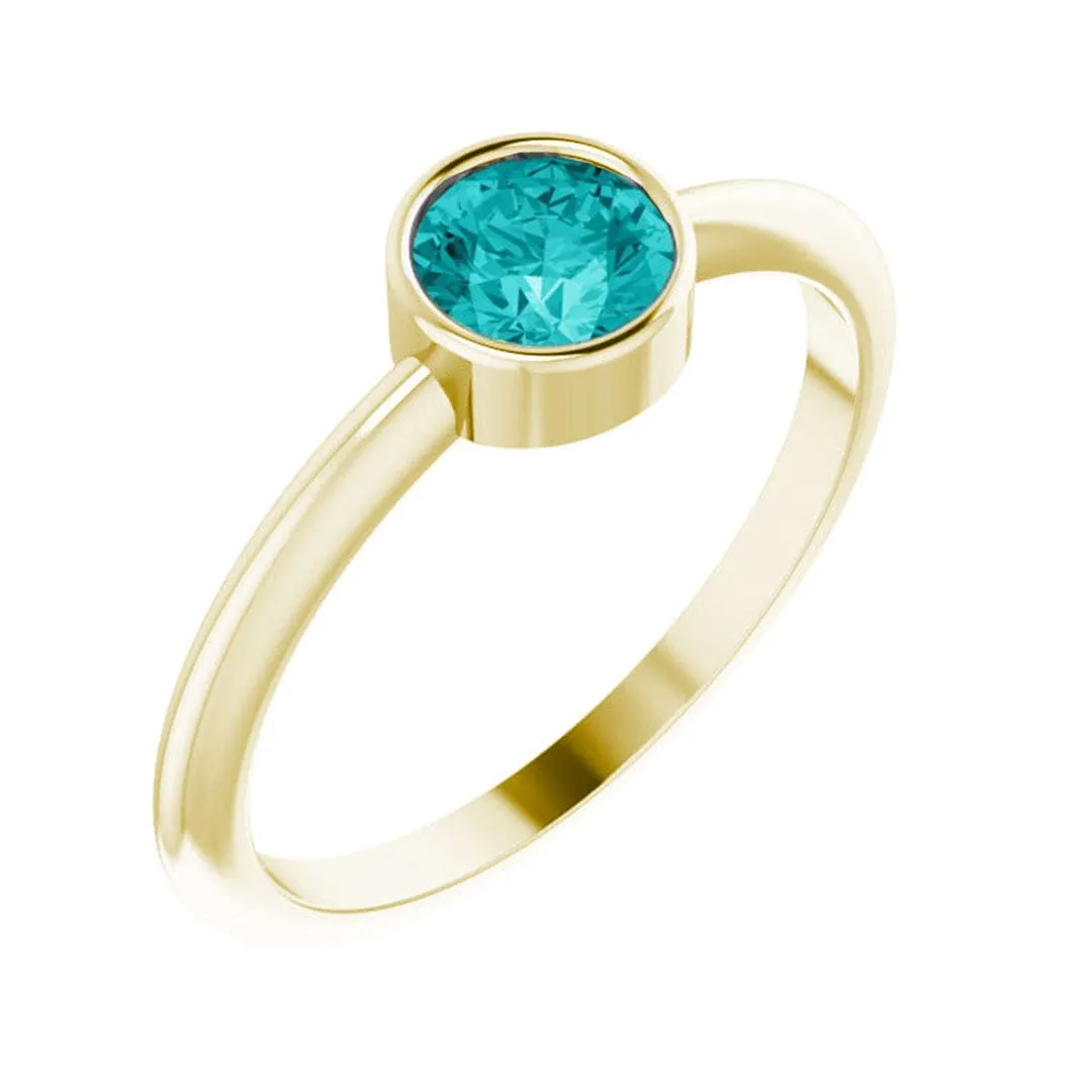 Round Teal Skinny Stacking Solitaire Ring with Moissanite