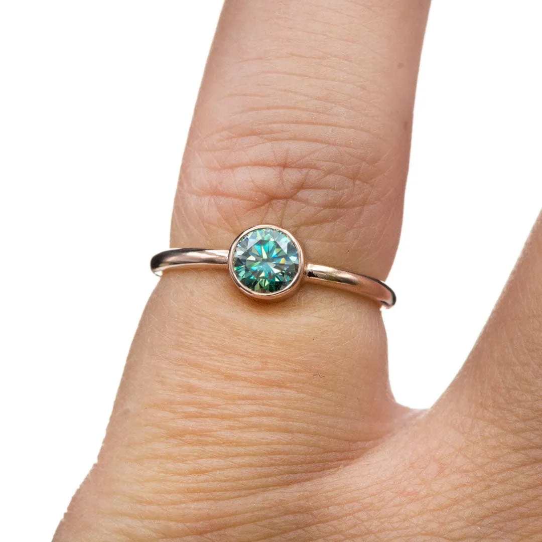 Round Teal Skinny Stacking Solitaire Ring with Moissanite