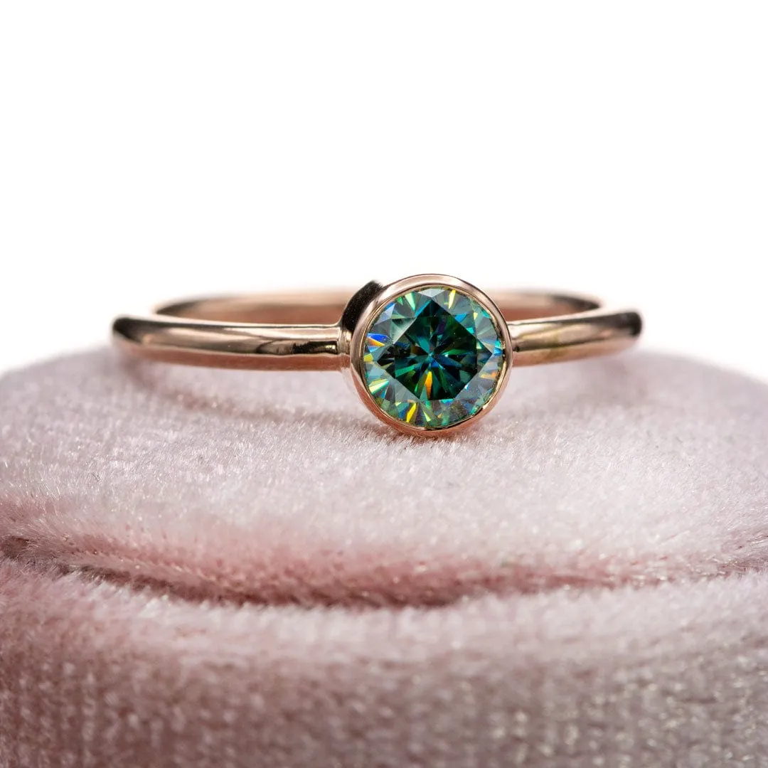 Round Teal Skinny Stacking Solitaire Ring with Moissanite