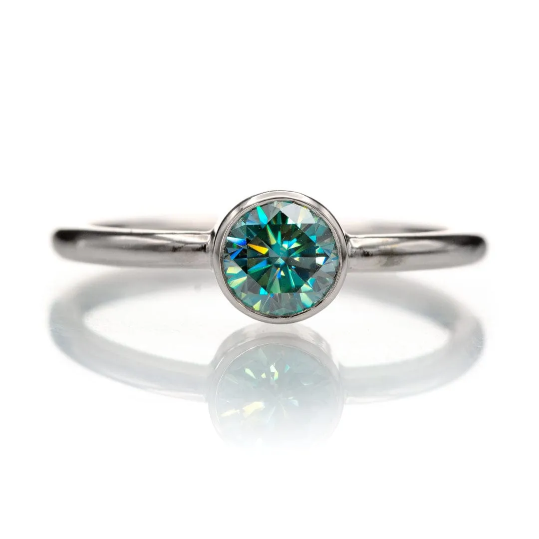 Round Teal Skinny Stacking Solitaire Ring with Moissanite