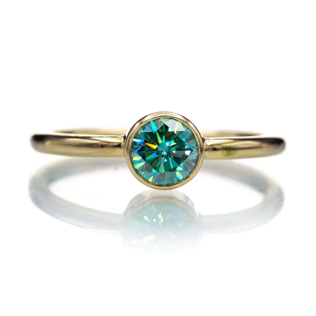 Round Teal Skinny Stacking Solitaire Ring with Moissanite