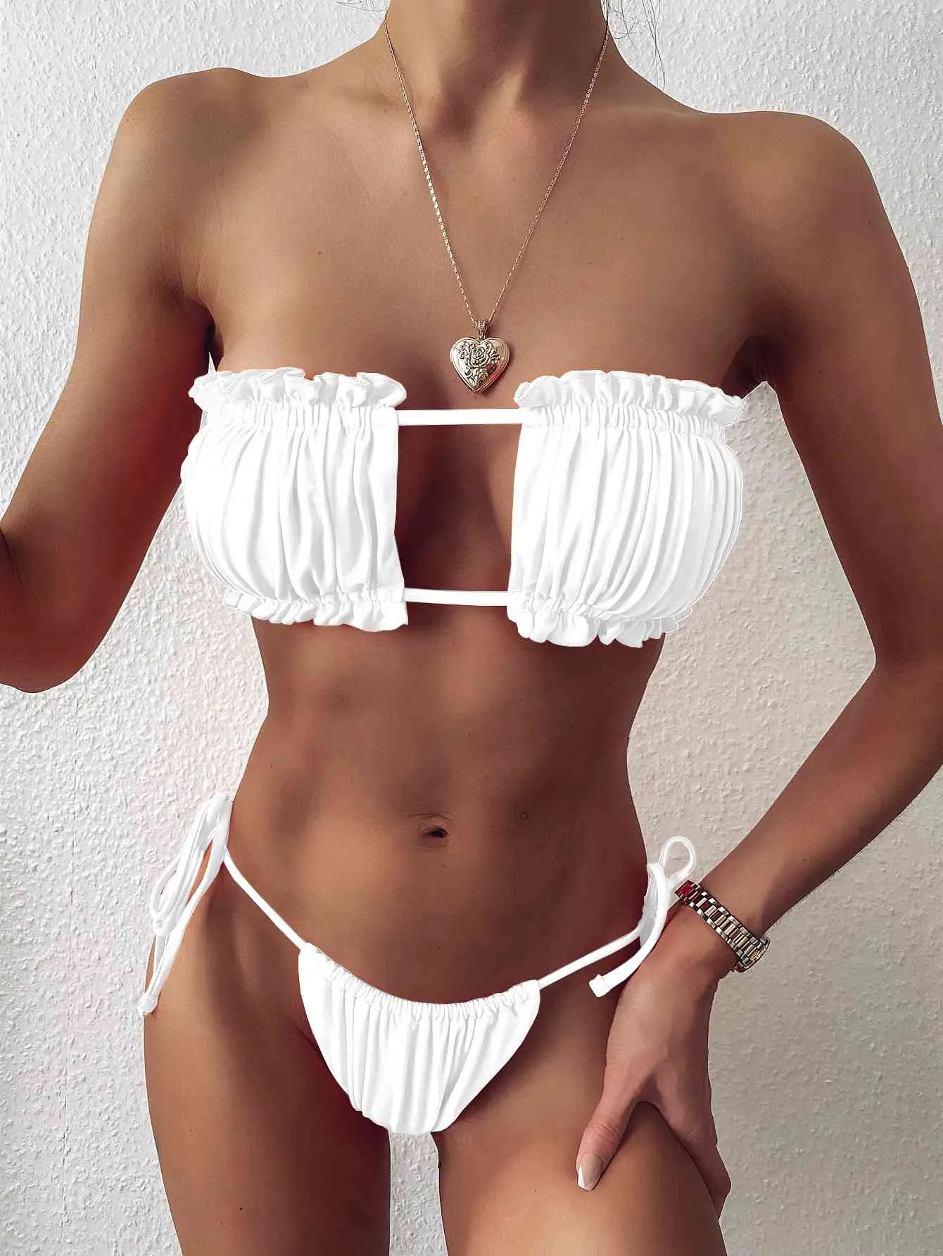 Ruched Bikini Set with Frill Trim